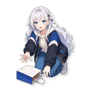 Шестнадцать стикеров из VTuber-модели: героиня та же, одежда — обычная уличная, по одной строчке в описании: стикер 10
