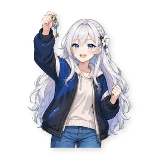 Шестнадцать стикеров из VTuber-модели: героиня та же, одежда — обычная уличная, по одной строчке в описании: стикер 11