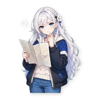 Шестнадцать стикеров из VTuber-модели: героиня та же, одежда — обычная уличная, по одной строчке в описании: стикер 12
