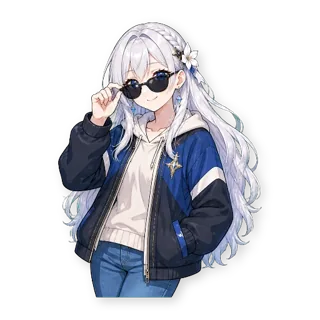 Шестнадцать стикеров из VTuber-модели: героиня та же, одежда — обычная уличная, по одной строчке в описании: стикер 13
