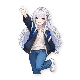 Шестнадцать стикеров из VTuber-модели: героиня та же, одежда — обычная уличная, по одной строчке в описании: стикер 15