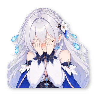 Шестнадцать стикеров из VTuber-модели: героиня та же, одежда — обычная уличная, по одной строчке в описании: стикер 15