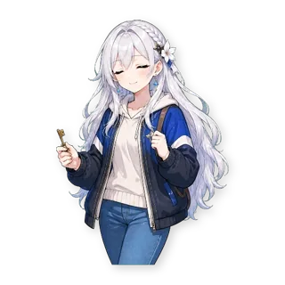Шестнадцать стикеров из VTuber-модели: героиня та же, одежда — обычная уличная, по одной строчке в описании: стикер 16