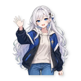 Шестнадцать стикеров из VTuber-модели: героиня та же, одежда — обычная уличная, по одной строчке в описании: стикер 1