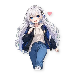 Шестнадцать стикеров из VTuber-модели: героиня та же, одежда — обычная уличная, по одной строчке в описании: стикер 2