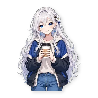 Шестнадцать стикеров из VTuber-модели: героиня та же, одежда — обычная уличная, по одной строчке в описании: стикер 4