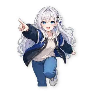 Шестнадцать стикеров из VTuber-модели: героиня та же, одежда — обычная уличная, по одной строчке в описании: стикер 5