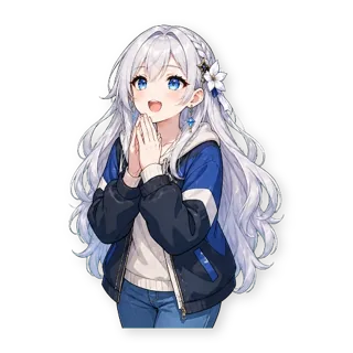 Шестнадцать стикеров из VTuber-модели: героиня та же, одежда — обычная уличная, по одной строчке в описании: стикер 6