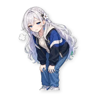 Шестнадцать стикеров из VTuber-модели: героиня та же, одежда — обычная уличная, по одной строчке в описании: стикер 7