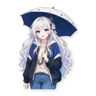 Шестнадцать стикеров из VTuber-модели: героиня та же, одежда — обычная уличная, по одной строчке в описании: стикер 8