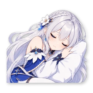 Шестнадцать стикеров из VTuber-модели: героиня та же, одежда — обычная уличная, по одной строчке в описании: стикер 8