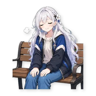 Шестнадцать стикеров из VTuber-модели: героиня та же, одежда — обычная уличная, по одной строчке в описании: стикер 9